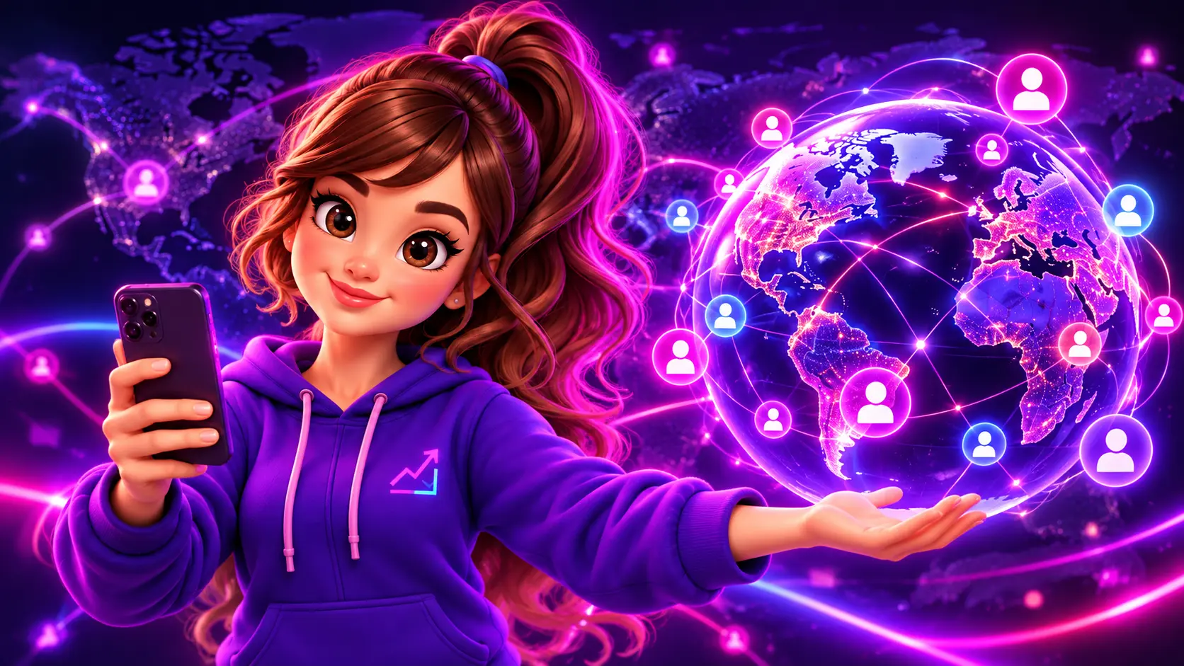 Mascote da EiViralizeii apresentando uma audiência conectada ao redor do mundo